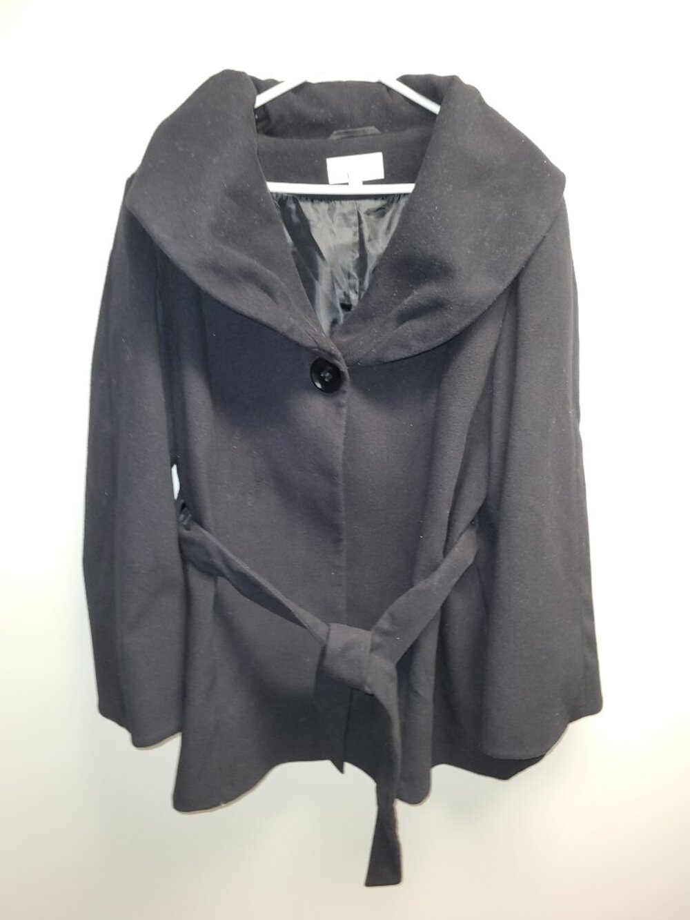 Cleo Black Wool Blend Belted Pea Coat Jacket Size 18 Shawl Collar Classic Winter - Picture 2 of 13